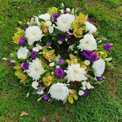 White Purple and Green Funeral Wreath