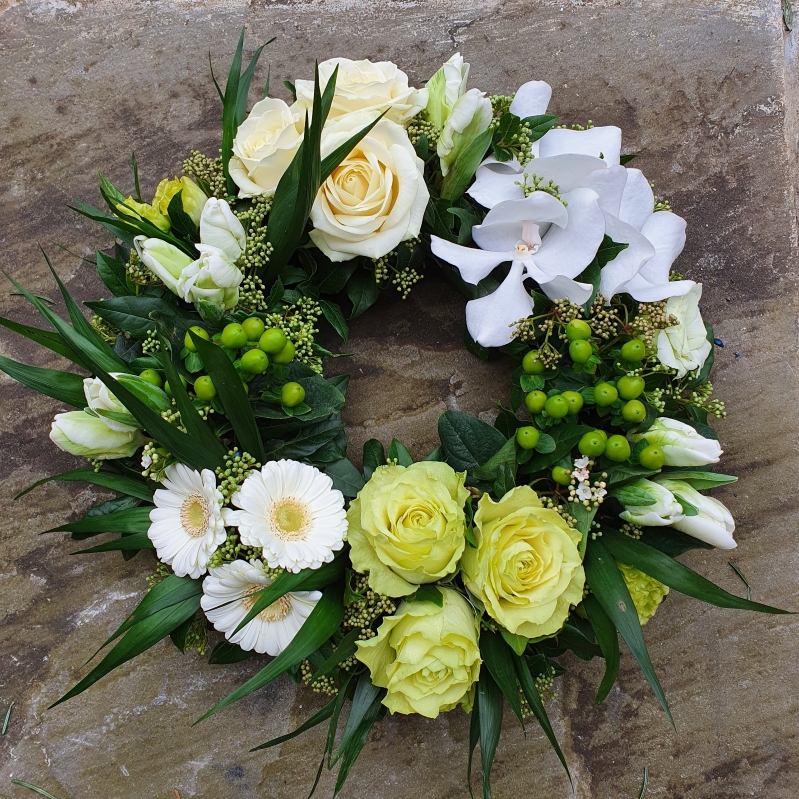 White and Green Grouped Round Funeral Wreath