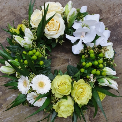 White and Green Grouped Round Funeral Wreath
