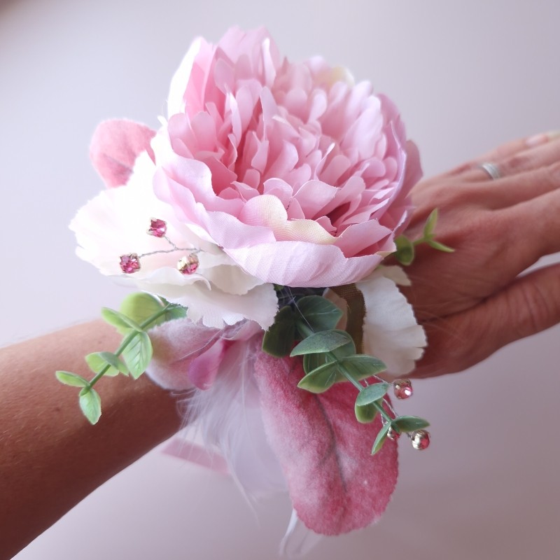 Pink Peony Faux Wrist Corsage buy online or call 07884140471