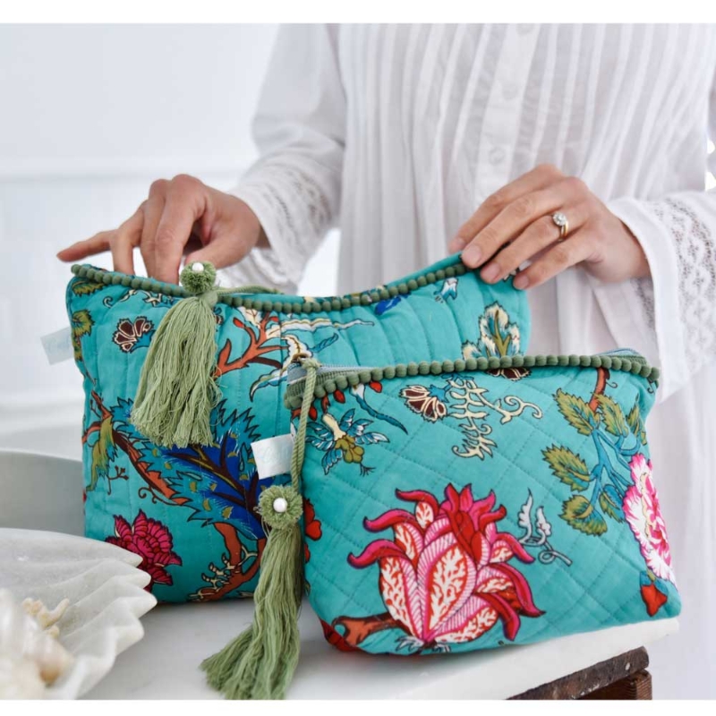 Powell Craft Teal Exotic Flower Make Up Bag