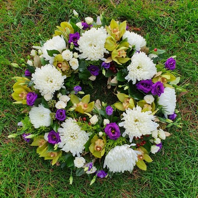 White Purple and Green Funeral Wreath