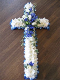 blue and white based funeral cross