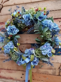 faux flower blue green door wreath