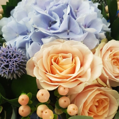 blue and coral flower bouquet