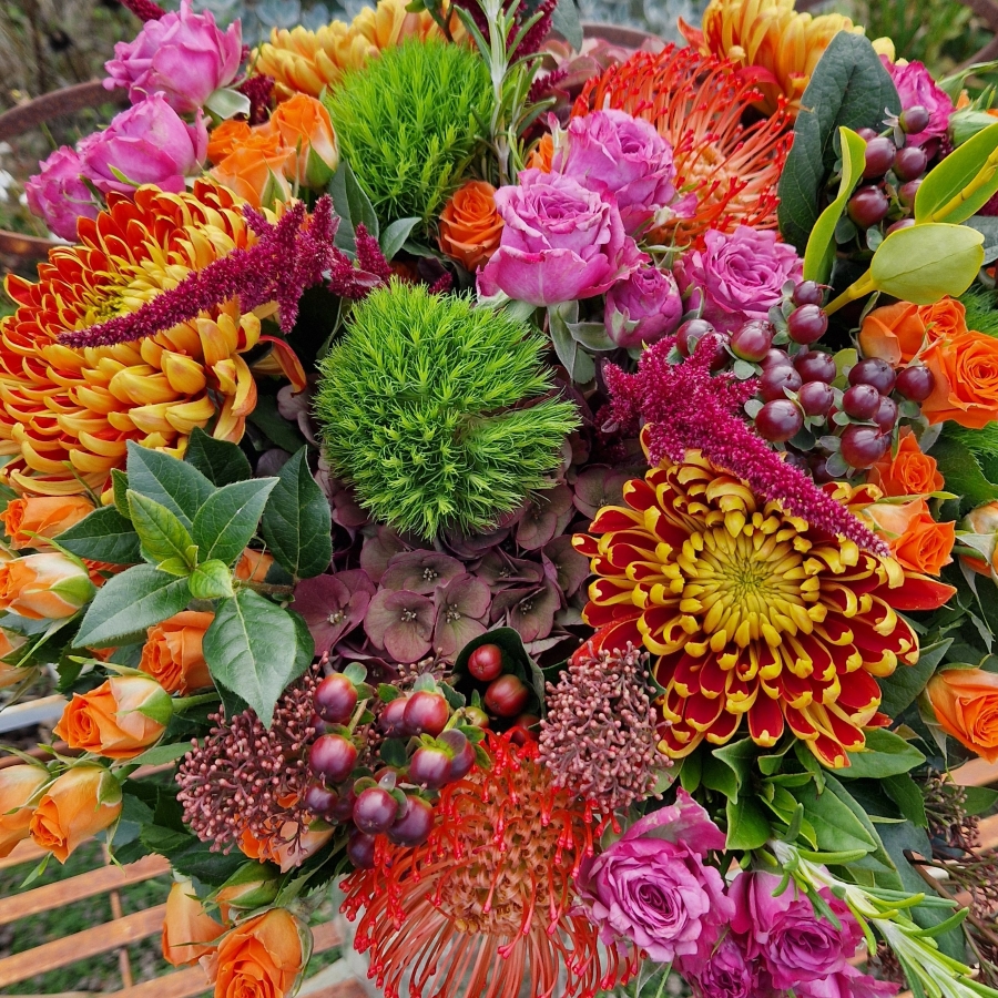 Autumn bouquet with chrysanthemum blooms, roses, and rich seasonal foliage, inspired by the South Downs