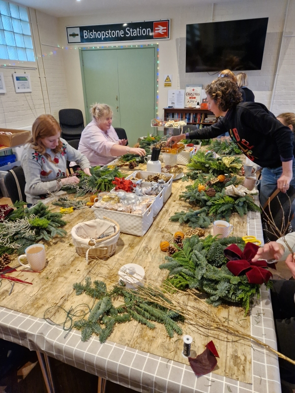 Christmas Wreath making workshop, Bishopstone station, handmade door wreath