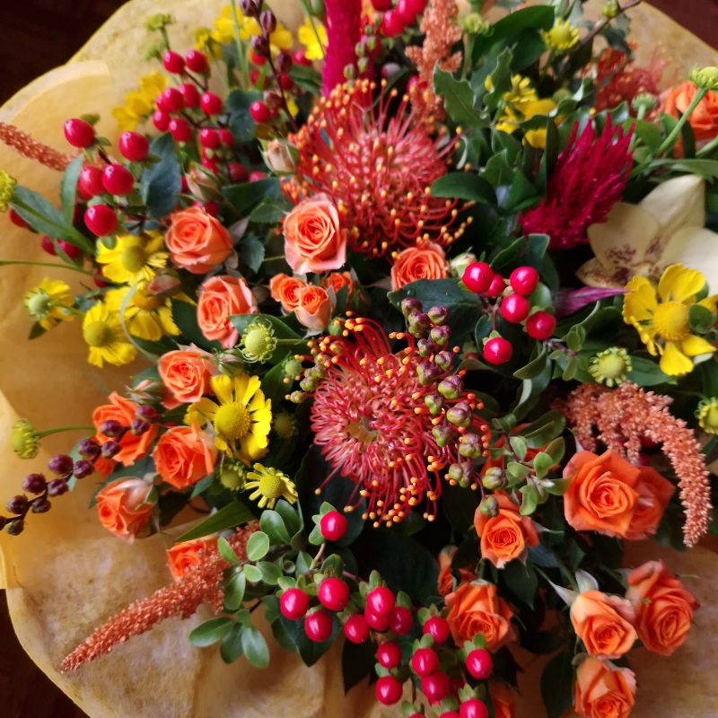 Autumn bouquet, orange, burgundy flower bouquet