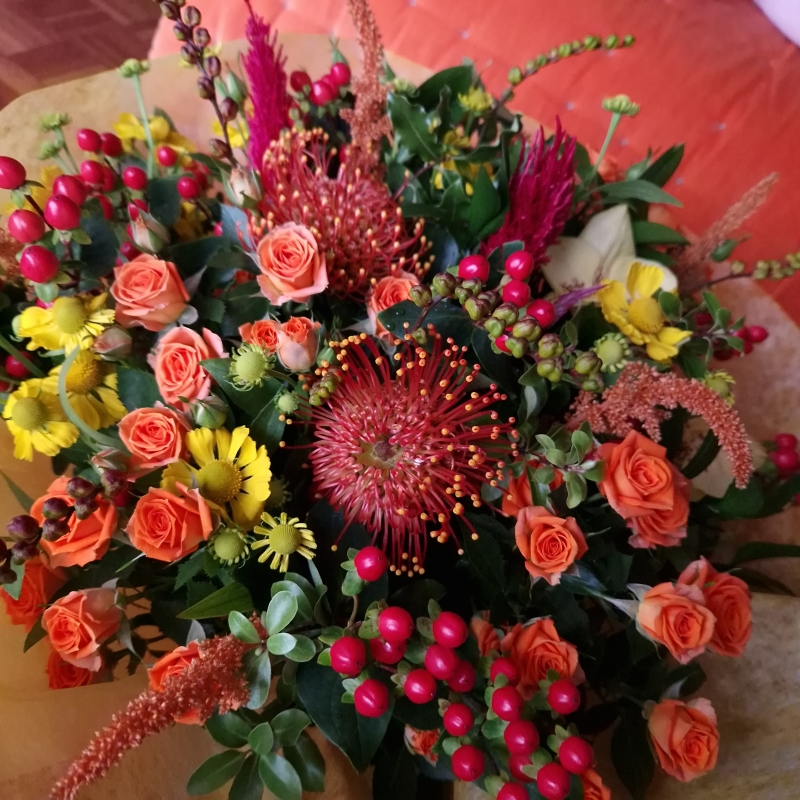Autumn bouquet, orange, burgundy flower bouquet