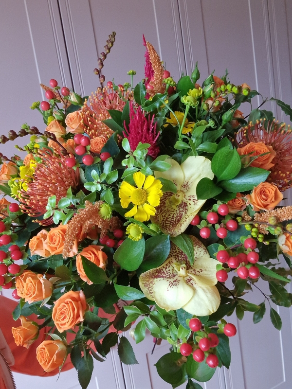 Autumn bouquet, orange, burgundy flower bouquet