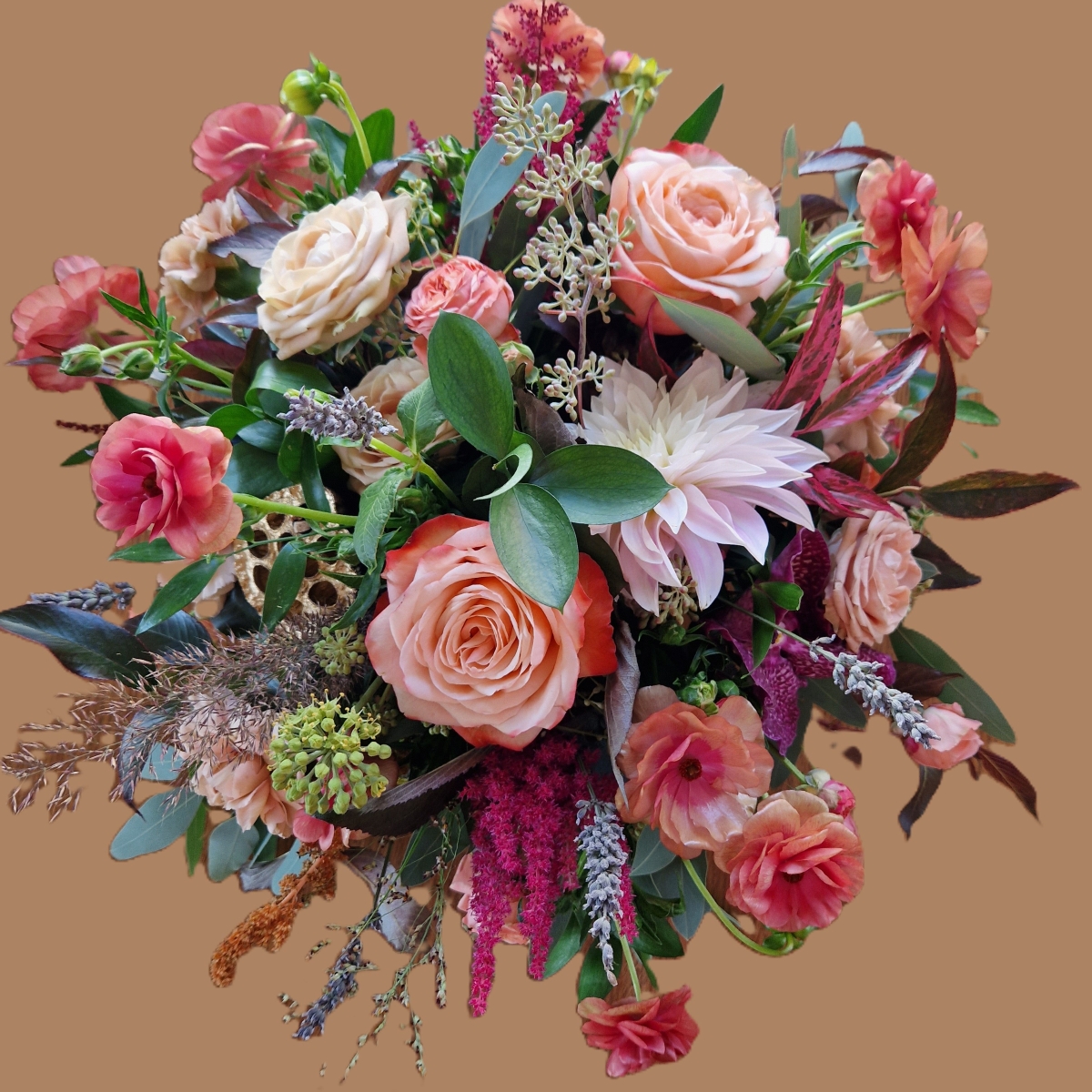 Berwick in Autumn bouquet with Kahala roses, berries and grasses in soft seasonal tones