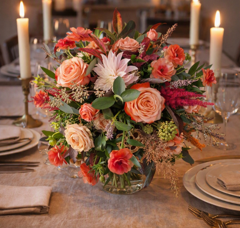 Berwick in Autumn bouquet with Kahala roses, berries and grasses in soft seasonal tones