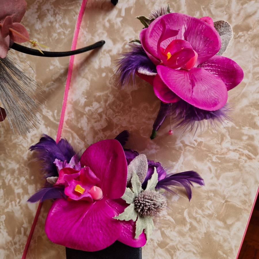 Magenta Faux Flower Headband with Matching Buttonholes