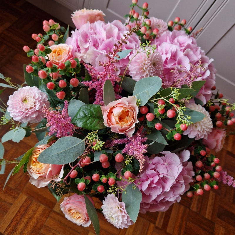Summer Berry Bouquet with pink and apricot hydrangea, dahlias, and hypericum berries – seasonal floral arrangement perfect for Seaford & Sussex delivery