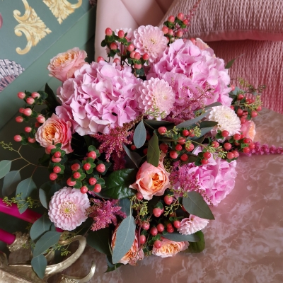 Summer Berry Bouquet with pink and apricot hydrangea, dahlias, and hypericum berries – seasonal floral arrangement perfect for Seaford & Sussex delivery