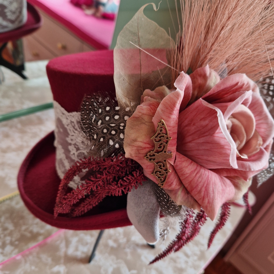 Burgundy Wool Top Hat With Faux Flowers