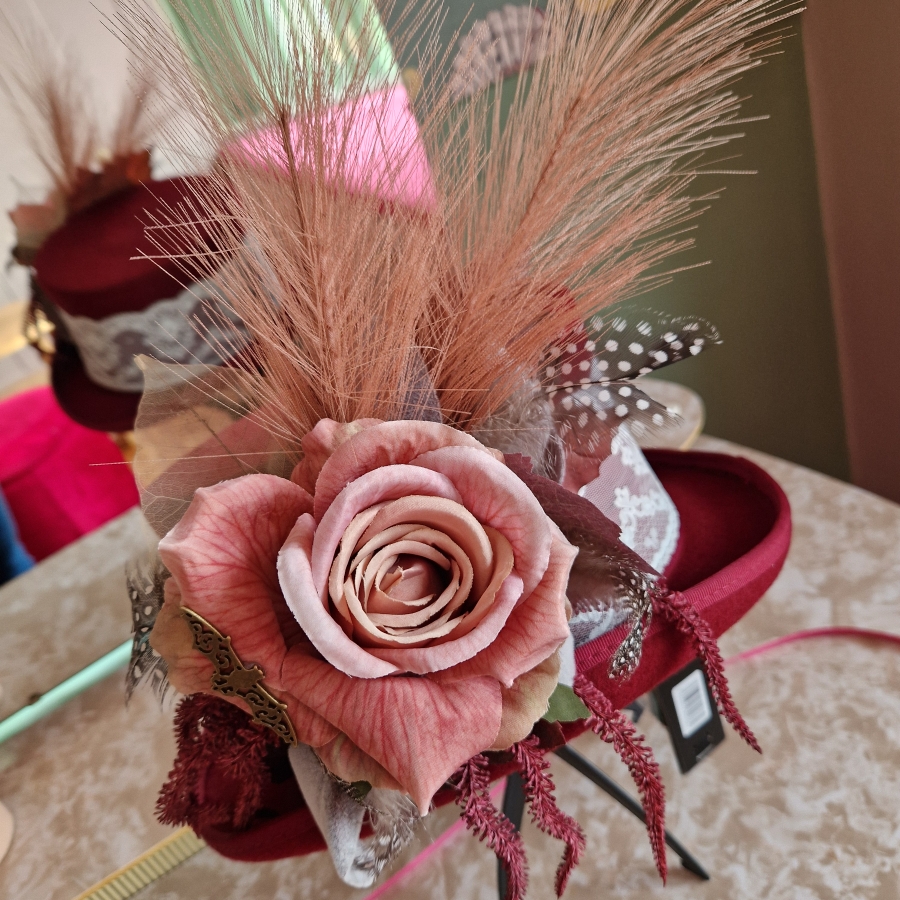 Burgundy Wool Top Hat With Faux Flowers
