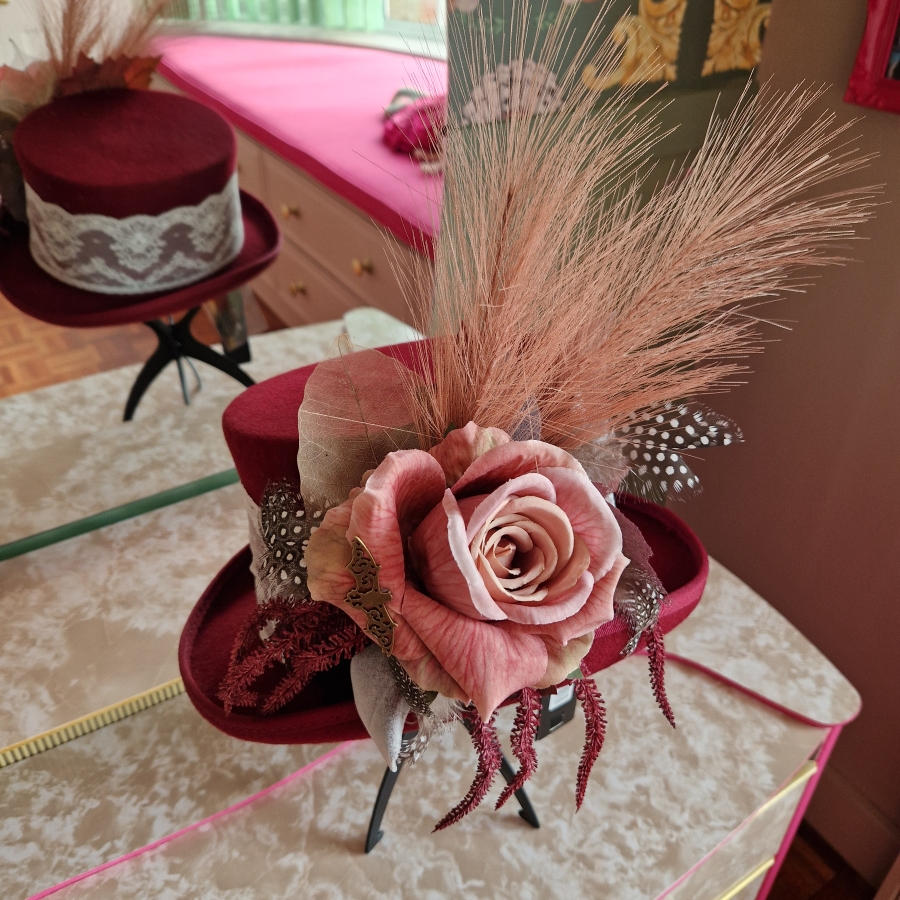 Burgundy Wool Top Hat With Faux Flowers