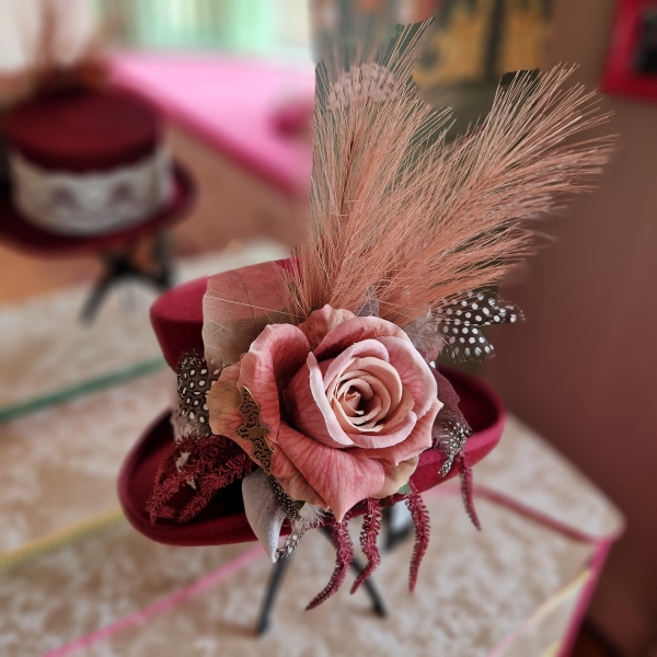 Burgundy Wool Top Hat With Faux Flowers