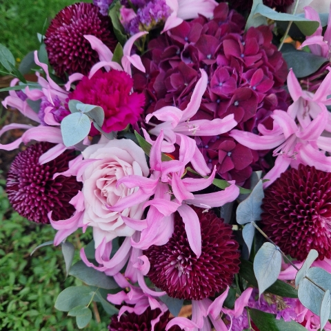 Chyngton autumn bouquet in rich pink and plum tones, featuring nerines, chrysanthemum blooms, roses, carnations, and statice in a lush, seasonal arrangement