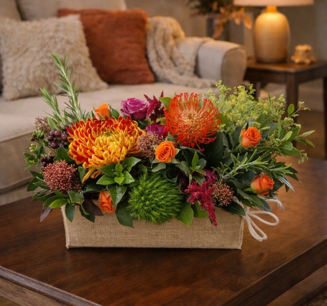 Autumn Downs jute trough arrangement with rust chrysanthemums, roses, seasonal berries and grasses