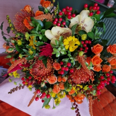 Autumn bouquet, orange, burgundy flower bouquet