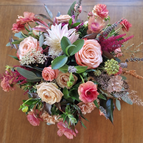 Berwick in Autumn bouquet with Kahala roses, berries and grasses in soft seasonal tones