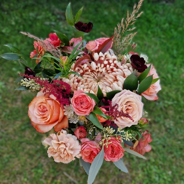 Berwick in Autumn bouquet with Kahala roses, berries and grasses in soft seasonal tones