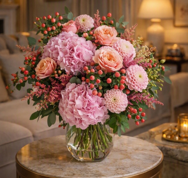 Borde Hill bouquet with pink hydrangeas, apricot garden roses, berries and astilbe displayed in a clear glass vase