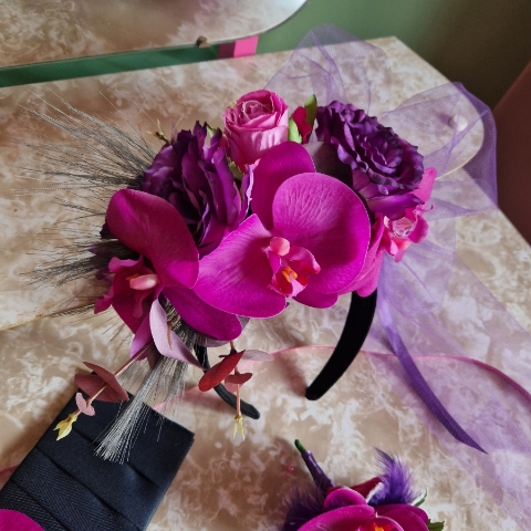 Magenta Faux Flower Headband with Matching Buttonholes