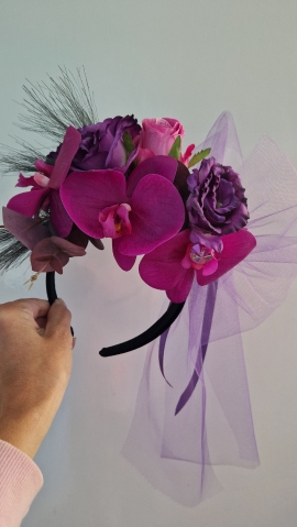 Magenta Faux Flower Headband with Matching Buttonholes