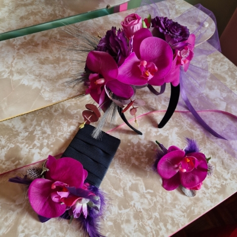 Magenta Faux Flower Headband with Matching Buttonholes