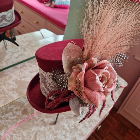 Burgundy Wool Top Hat With Faux Flowers