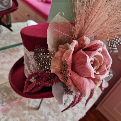 Burgundy Wool Top Hat With Faux Flowers